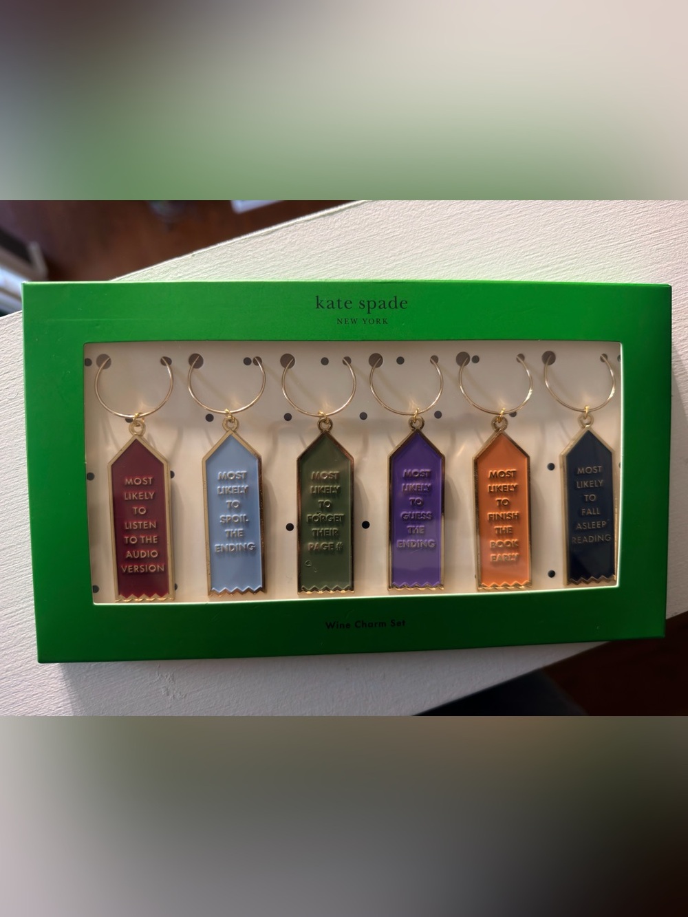 kate spade Book Lover Wine Charms in Blue, Green, Purple, Orange